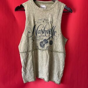Modish Rebel Nashville Country Music Acid Wash Graphic Tank Top Olive Green L